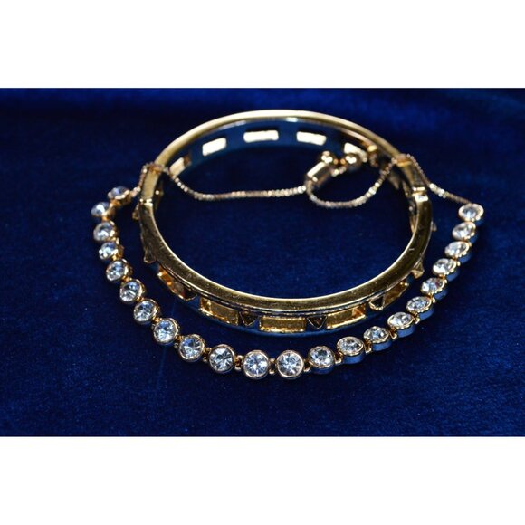 Gold Tone Star Studded Bangle & Rhinestone Tennis Bracelet Adjustable Premier - Picture 2 of 11